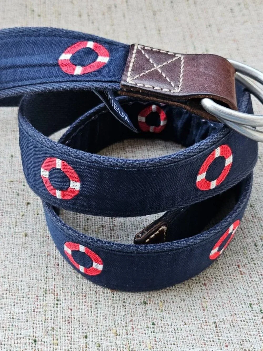 Daniel Cremieux Men Belt Blue Canvas Brown Leather Waistband Size 36 to 38 inche